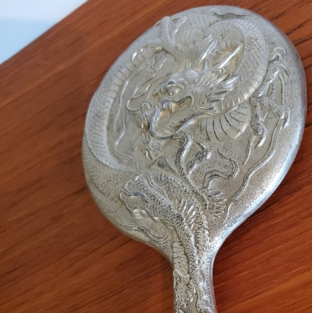 Beautiful silver embossed mirror/antique hand mirror/raised dragon mirror
